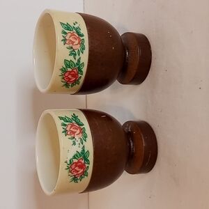 1960's Nevco Japanese Egg Cups with Walnut Wooden Base Floral Pattern